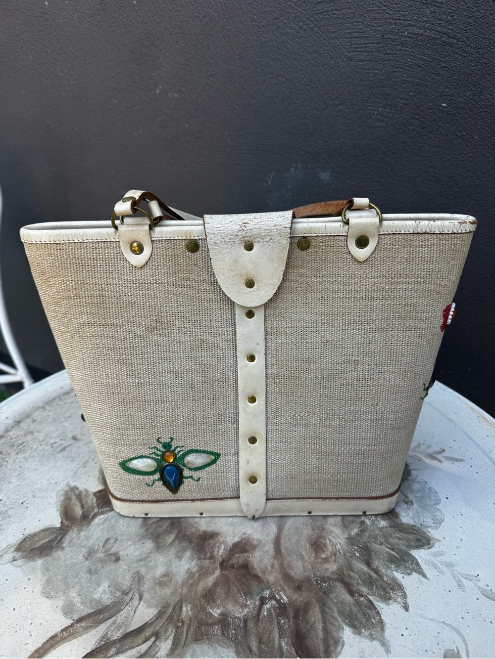Vintage Enid Collins hand painted tote bag with watermelon and butterflies - Picture 6 of 9